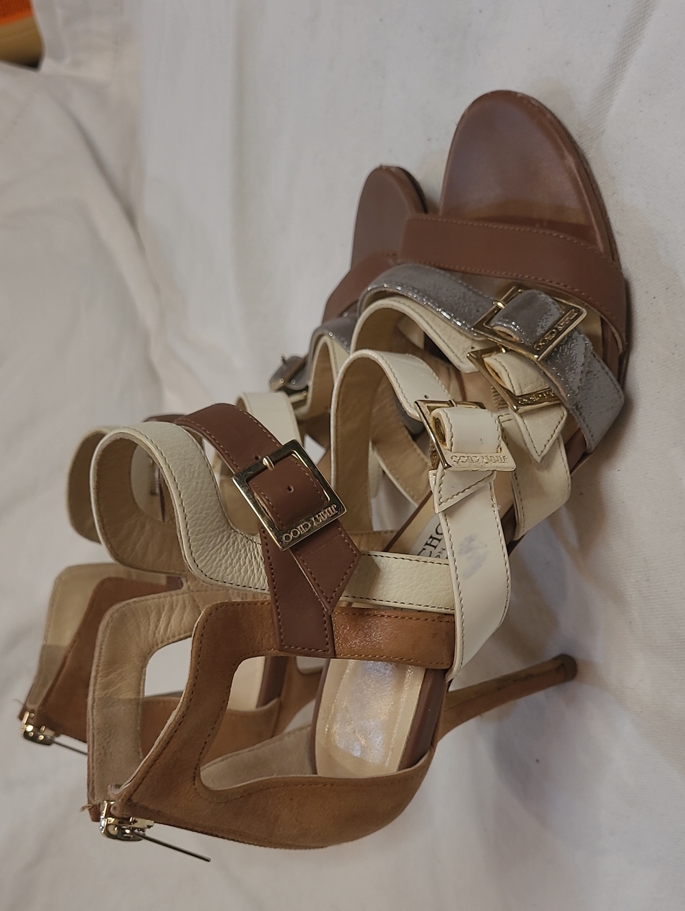 Jimmy Choo Leather Multi‑Strap Brown and Cream High Heel Sandals Size 6.5/37
